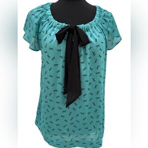 Loft Women's Short Flutter Sleeve Light Blue Bow Tie Blouse, Size Small